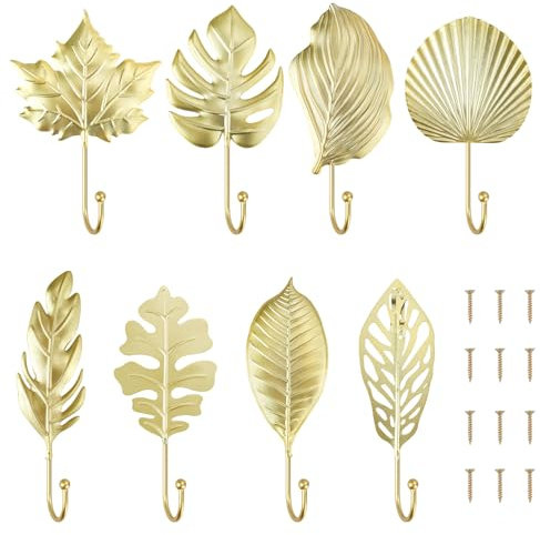 Chostky 8 ganci decorativi da parete, con foglie dorate, appendini da parete, pianta moderna, cappello, asciugamani, portachiavi per casa, camera da letto, bagno, cucina, ufficio, ingresso, soggiorno