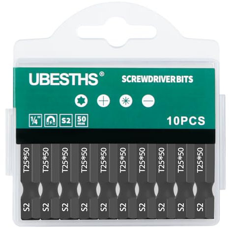 UBESTHS Torx Bit T25, Schraubendreher Bits Set 10 Stück, 1/4 Sechskantschaft, 50mm Länge mit Box
