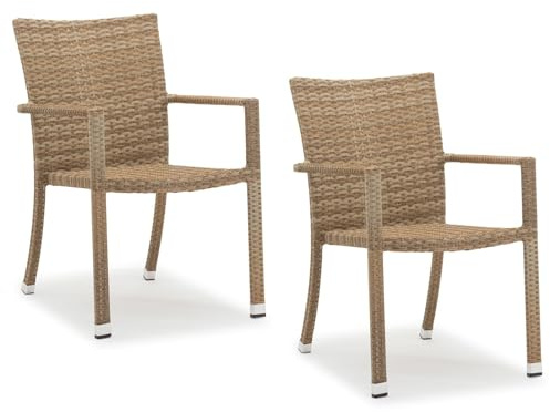 2 Gartenstühle Polyrattan Terrassenstul Stapelbar / 2 Stück/ Höhenverstellbar -130 kg Belastbarkeit Armlehne Stühle für Garten Balkon Terrasse Innen- und Außenbereich - ODC-4055- Natur Farbe 2,8 kg