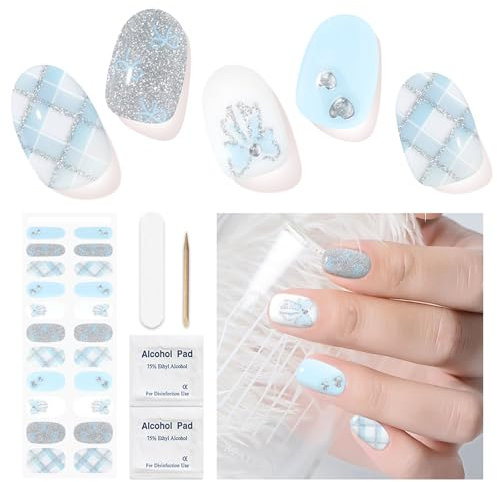 Gelnägel zum Aufkleben - 22 Stück Nagelfolie French Gel Nail Strips Nagelfolien Selbstklebend Nail Art Sticker for Wedding Gel Nagelfolie Inklusive Prep Pads, Nagelfeile und Holzstäbchen
