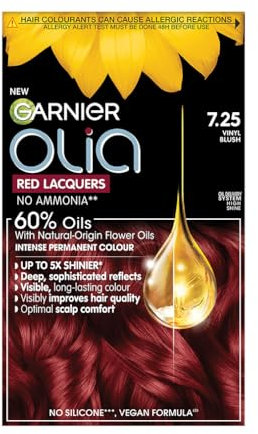 Garnier Olia Red Lacquers Permanent Hair Dye, Full Grey Coverage, Intense Shine & Softness, Ammonia & Silicone-Free, Shade: 7.25 Vinyl Blush