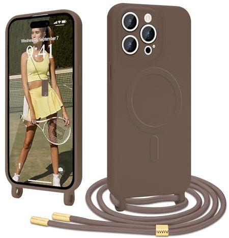 Ethanger Handyband für iPhone 15 Pro Hülle mit Band [Kompatibel mit Magsafe] Flüssig Silikon Necklace Handyhülle Magnetische Schutzhülle zum Umhängen Kordel für iPhone 15 Pro Braun