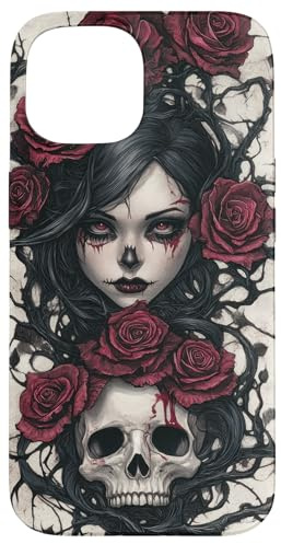 Frauen Gothic Rosen Totenkopf Schädel Kunst Rose Vintage Hülle für iPhone 15