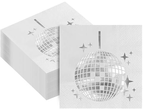 KOBOKO 25 Stück Disco Deko Servietten, 25x25cm Discokugel Deko Servietten, Disco Party Dekorationen Napkin, 70er 80er Geburtstagsdeko Papierservietten, Discokugel Party Dekorationen (Weiß)