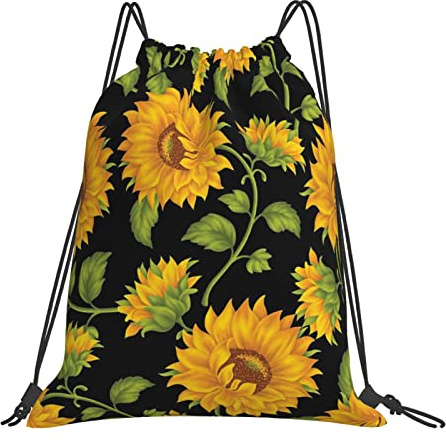 Richugui Schwarze Tasche mit Kordelzug, Sonnenblumen-Rucksack, Sporttasche, Turnbeutel für Damen und Herren, Rucksäcke, Schwimmtasche für den Strand, Schwarz, One size