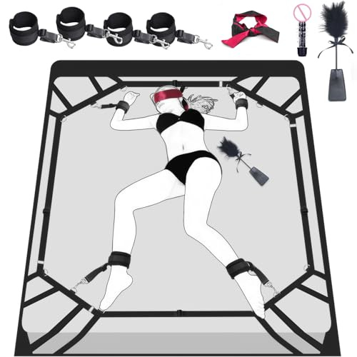 Qoosea SM Bondage Set Bett Fesseln, BDSM SexSpielzeug für Paare, Extrem Sex Set mit Handschellen Fußfesseln Augenbinde, Fessel Set Sex Toys für Anfänger und Fachmann
