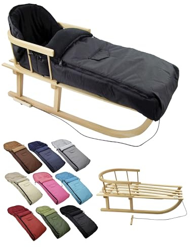 BambiniWelt Holzschlitten mit Rückenlehne & Zugseil + Winterfußsack 108 cm – warmes Thermofleece, wasserabweisend – Kombi-Set für Kinderwagen & Buggy, Farbe: schwarz