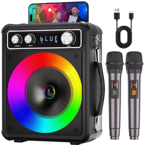 Ankuka Karaoke Machine, Portable Bluetooth Speaker with 2 Wireless Microphones, PA Speakers for Adults Kids with LED Lights, Supports TWS/REC/FM/AUX/USB/TF for Home Party Picnic