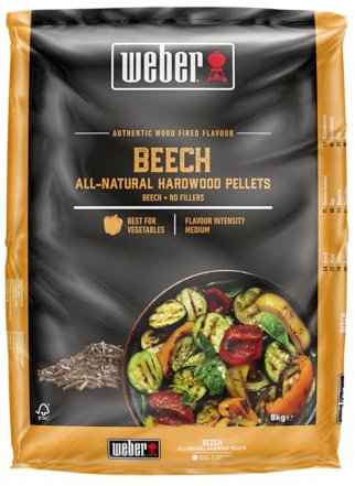 Weber Buchenholz Pellets/Geeignet für alle Pelletgrills, Erdiger, nussiger, süßlicher Geschmack, Ohne Füllstoffe, Naturholz, Für Low-und-Slow-Garen, 1 x 8 kg Beutel
