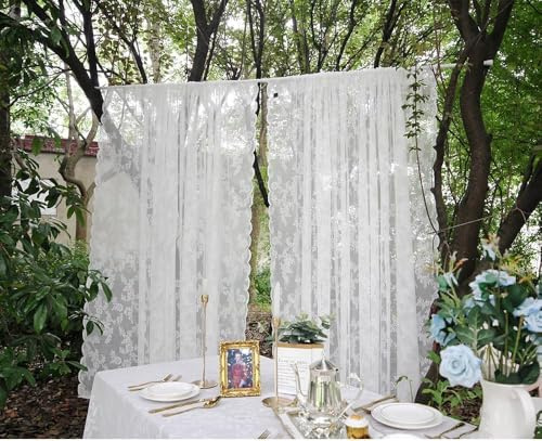 Gardinen Weiße Spitze Vorhang Blumen Bestickte Spitzengardinen, 2erTransparent Vorhang Spitze Voile Spitzenvorhänge mit Gardinengurte für Wohnzimmer Schlafzimmer Dekor (2stk B150 x H130 cm)