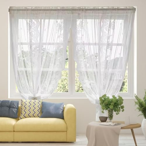 Weiße Spitze Vorhang, Blumen Stickerei Voile Vorhang mit ösen Jacquard Gardinen mit 3D Blumenmuster Landhausstil Scheibengardinen für Küche Wohnzimmer Schlafzimmer Dekor Balkontür 2Pcs 180x140cm