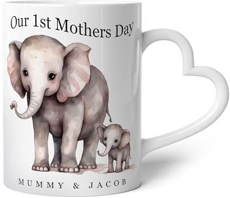 Purple Print House Our 1st Mothers Day Custom Mug Mummy and Baby Elephant Name Cup Gift For Mum Heart Handle Home Decor