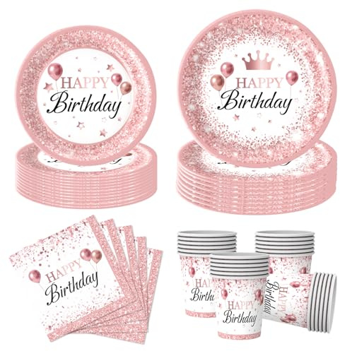 Lot de 80 assiettes de fête en or rose et serviettes de table en papier pour filles - Pour fête de mariage, fête d'anniversaire - Décoration pour 20 invités