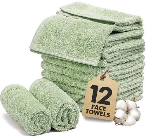 Novo Home Face Towels Pack of 12 – 550 GSM 100% Cotton Washcloths (30x30cm) – Soft, Quick Dry, Highly Absorbent Flannels for Bathroom, Spa, Gym – Light Green