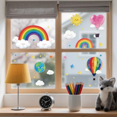 ANATTASOUL Regenbogen und Heißluftballon Fensterbilder for Frühling Sommer | Doppelseitig Blickdichter Badezimmer Fensterbilder Kinderzimmer Wiederverwendbare Fensterbilder Frühling for Winter Herbst