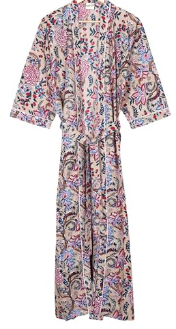 INDACORIFY Boho-Kimono mit Blumenmuster | Baumwollbademantel in Übergröße | Langer Kimono-Bademantel | Loungewear-Bademantel für Damen