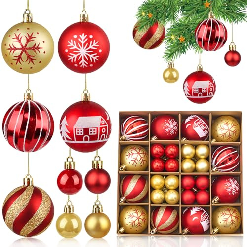 60mm/30mm Julekugler 44 Weihnachtskugeln Nostalgisch Baumschmuck Außen Weihnachtsbaumkugeln Weihnachten Deko Set Weihnachtsdeko Kunststoff Bruchsicher Christbaumschmuck mit Schlüsselband (Rot Gold)