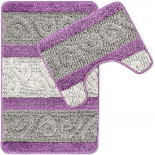 Decorator HOME - Badteppich Set 2-TLG. Aries Violett 50x80 cm & 50x40 cm - rutschfeste Badematte aus Polypropylen 12 mm - weich waschbar saugfähig - Badezimmer Teppiche - Badvorleger