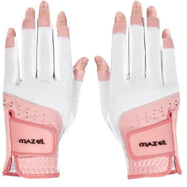 MAZEL Ladies Open Finger Golf Gloves Left and Right Hand with Non-Slip Palm,Premium PU and Breathable Mesh Fabric Women Fingerless Glove Fit S M L XL (Pink, S)