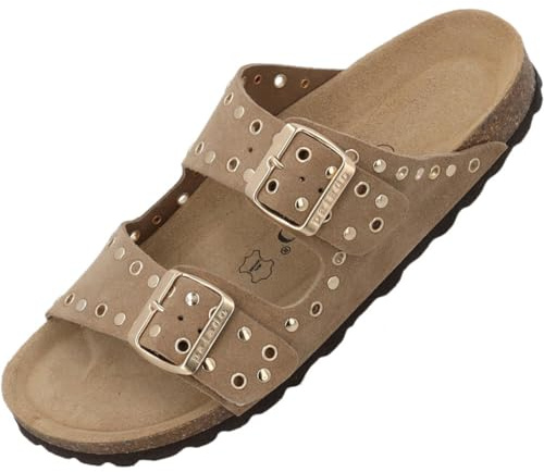 Palado Pantoletten Damen Korfu Bistud Suede Premium Leather - elegante Sandalen Made in Spain - Hausschuhe mit Kork-Fußbett - bequeme Sommerschuhe