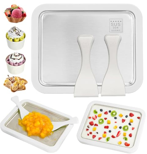 Eiscreme Roller Maker Set Mit 2 Spateln, Instant Eismaschine, Ice Cream Rolls Platte Für Erwachsene Und Kinder, Hausgemachter Rollcreme, Gefrorenem Joghurt, Gelato, Sorbet (Weiß,22.5 * 17.5CM)