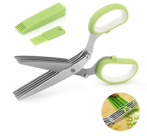 Stainless Steel Herb Scissors Kitchen Scissors 5 Blades Multifunctional Shredder Knife Salad Scissors with Safety Cover and Cleaning Comb Ideal for Chopping Basil Chives Oregano Rosemary Herb Chopper