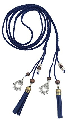 Exotische Damen Mädchen Gürtel Bauchkette mit Quaste und Holzperlen 150cm Lang Geflochtene Waist Belt Navy