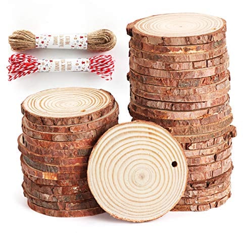 50 Pcs Natural Wood Slices 6-7cm Unfinished Predrilled Log Discs Wooden Circles with Natural Jute Twine for DIY Crafts Christmas Decorations Ornaments