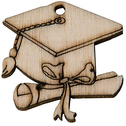 24 Pezzi Pendente Ciondolo Tocco Laurea Pergamena in Legno 3,5cm Applicazione Legnetti Decorativi Charms per bomboniere, Sacchetti, segnaposto Forme Miniatura Naturale