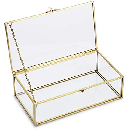 Hipiwe Schmuckkästchen aus Glas Rechteckig, groß, Gold, Aufbewahrungsbox | Transparente Box mit Deckel für Heimdekoration, Aufbewahrung von Schmuckstücken, Ringen, Armbändern