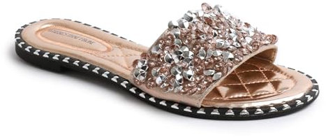 Fashion Thirsty Womens Ladies Flat Low Heel Diamante Sandals Slip On Party Wedding Bling Sliders Slides Beach Pool Holiday Travel Sandals Rose Gold Metallic