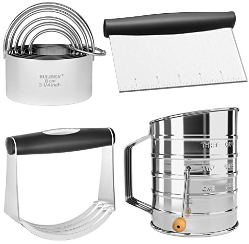 HULISEN Pastry Cutter, Dough Blender, 3 Cup Flour Sifter and Biscuit Cutter, Stainless Steel Dough Cutter, Professional Baking Dough Tools for Cooking Cookies and Donuts(4 Pcs/Set)