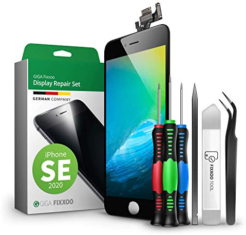 GIGA Fixxoo Juego de Pantalla Compatible con iPhone SE 2020 | Negro | Kit de reparación premontado Completo con cámara Frontal y Kit de Herramientas | Pantalla Retina LCD con Pantalla táctil
