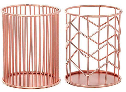 2 Pièces Pot à Crayons Métallique Rond Creux en Or Rose - Étagère de Rangement pour Bureau - Support pour Pinceaux et Stylos à Fleurs Décoratif
