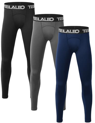 TELALEO 3 Pack Boys' Youth Compression Leggings Tights Base Layer Athletic Pants for Sports Basketball Hockey Baseball Running Black Blue Grey 3 Pack S