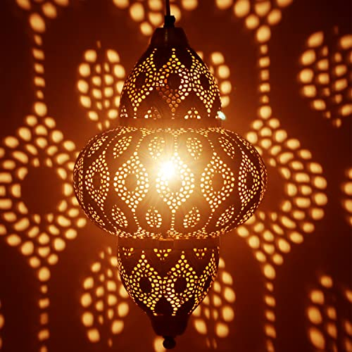 Orientalische Lampe Pendelleuchte Noumi Gold Weiss 42cm E27 Lampenfassung | Marokkanische Design Hängeleuchte Leuchte aus Marokko | Orient Lampen für Wohnzimmer Küche oder Hängend über den Esstisch