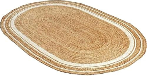 Ripaz Vogue Jute Teppich Natur Jute Handgeflochten Oval Form Flächenteppich Flur Teppich Wohnzimmer Teppich (150 x 210 cm (5x7 Fuß), Beige + Weiße Linie)