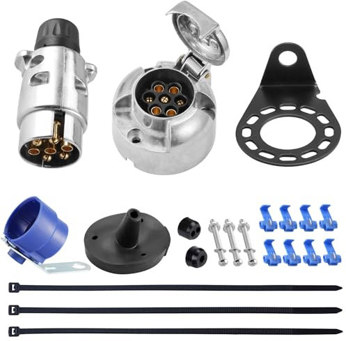 SPARKMOTO Anhänger Aluminiumgehäuse Stecker 7 Polig Steckdose 7 Polige,mit Kompletten Montagezubehör,12V Wasserdicht Metall 7 Poliger Anhänger Stecker Steckdose Für KFZ Wohnwagen PKW AHK,nach ISO1724