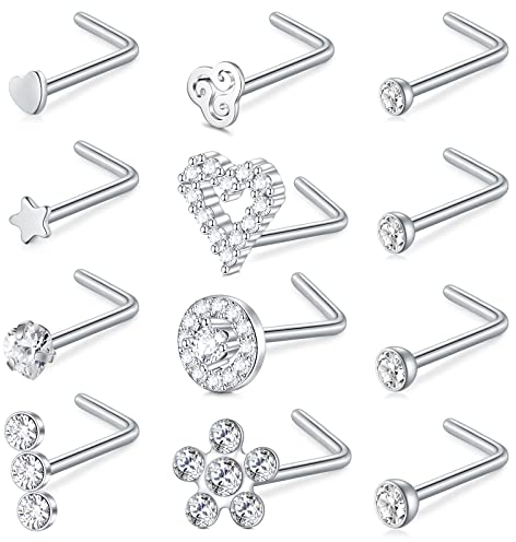 Crdifu 12pcs Nose Screw Studs L Shaped Nose Bar Silver 18G Stainless Steel with Heart Ball Flat Piercing Jewellery