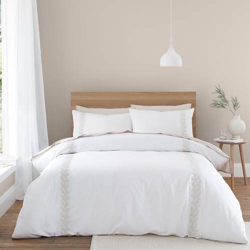 Bianca Embroidery Leaf 180 Thread Count Cotton Double Duvet Cover Set with Pillowcases Natural