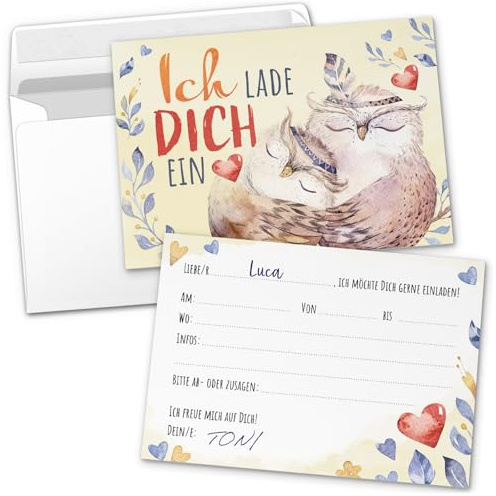 8 Einladungskarten Kindergeburtstag mit Umschlägen, 2 Eulen Aquarell Look, Karte Geburtstag Einladung zum Ausfüllen