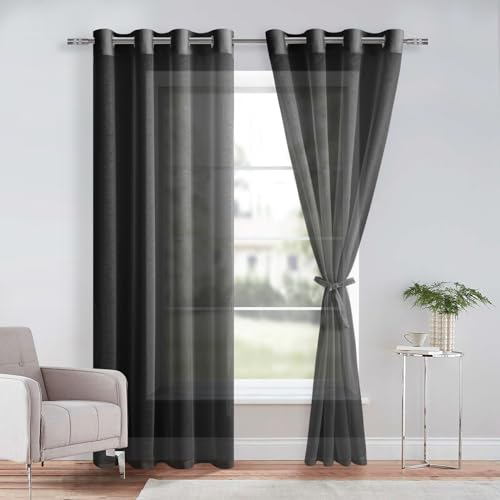 DWCN Vorhänge Weiß Voile mit Ösen Gardine Sheer Transparente aus Voile Polyester Ösenschal Transparent Wohnzimmer 2er Set, Schwarz, 260x140cm(HxB)