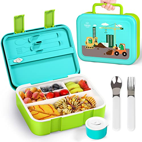 Lehoo Castle Kids Lunch Box, 1.25L Bento Lunch Box for Kids with 5 Compartments, Kids Bento Box Lunch Containers with Sauce Jar/Spoon & Fork (Dinosaur)