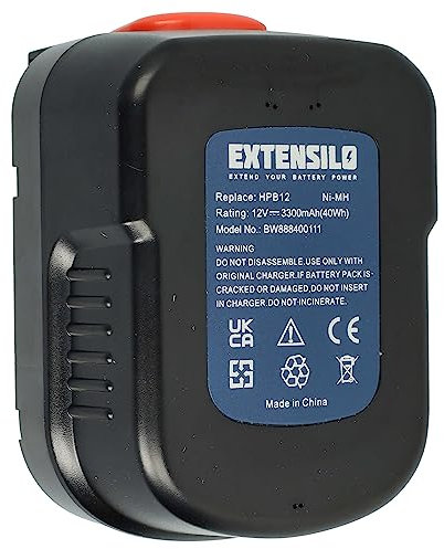 EXTENSILO Replacement Battery compatible with Black & Decker Firestorm FS1202D, FS12PS, FS12PSK, FSD122 Electric Power Tools (3300 mAh, NiMH, 12 V)