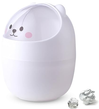 Cyrank Lindo bote de basura de mini mesa, bote de basura en forma de gato de dibujos animados, bote de basura de baño con tapa oscilante mini encimera bote de basura pequeño bote de basura (blanco)