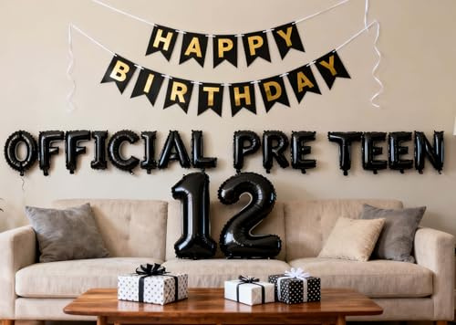 12. Geburtstag Dekorationen für Jungen Mädchen, Offizielle Pre-Teen 12. Geburtstag Ballon Birthday Banner Nummer 12 Geburtstags Folienballons für 12 Jahre Geburtstag Jungen Mädchen (Schwarz)