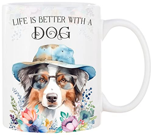 Cadouri Hunde-Tasse LIFE IS BETTER WITH A DOG mit Australian Shepherd - Kaffeetasse Bürotasse im Watercolor-Stil - tolle Geschenkidee für Hundebesitzer