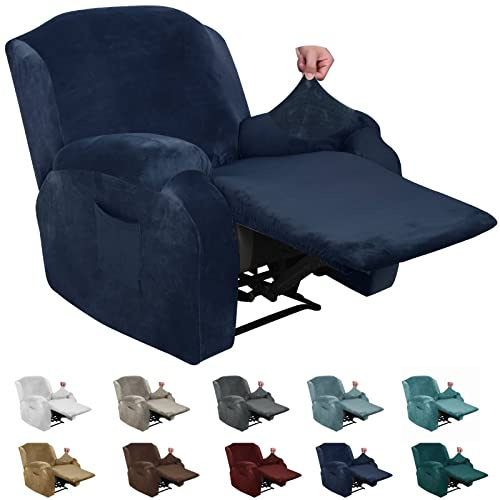 XINEAGE - Bezug für Relaxsessel, aus Samt, 4 Stück, elastisch, mit Seitentasche, rutschfest, mit Ecken, Möbelschutz, elastischer Boden (Relaxsessel, marineblau)