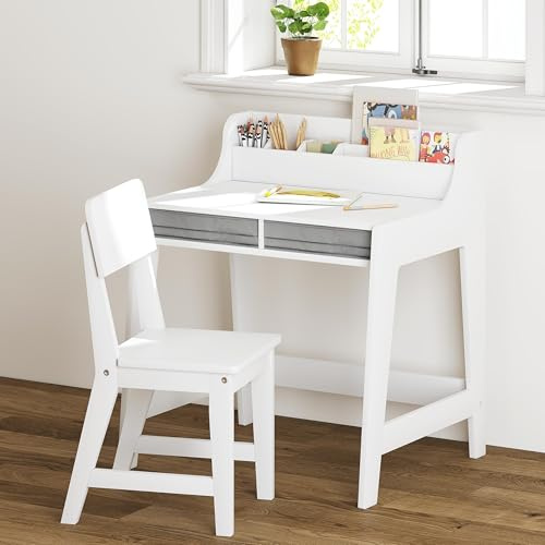 UTEX Kids Desk and Chair Set, Study Desk for Kids with Storage Bins, Wooden Children Study Table, Student Writing Desk for Bedroom & Study Room (2 Fabric Drawers)