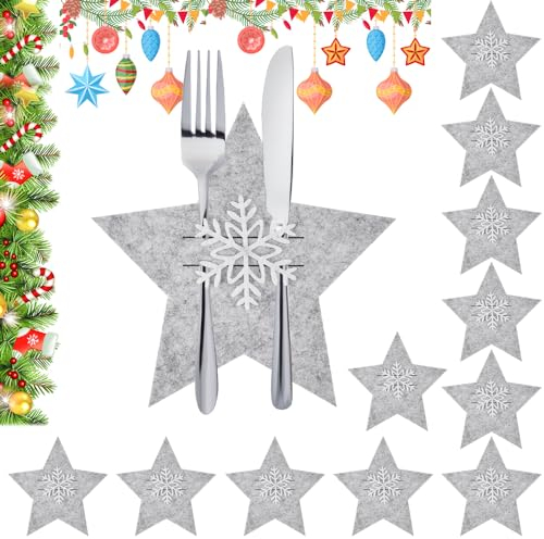 LIMITADA 12 Stück Besteckhalter Weihnachten Filz Bestecktasche Weihnachten Stern Besteckbeutel Tischdekoration Weihnachtsbesteckhalter Weihnachtsbesteck Halter Tannenbaum Bestecktasche (Stern)